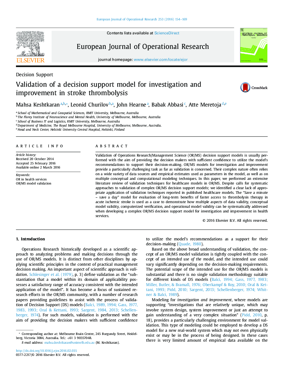 Validation of a decision support model for investigation and improvement in stroke thrombolysis