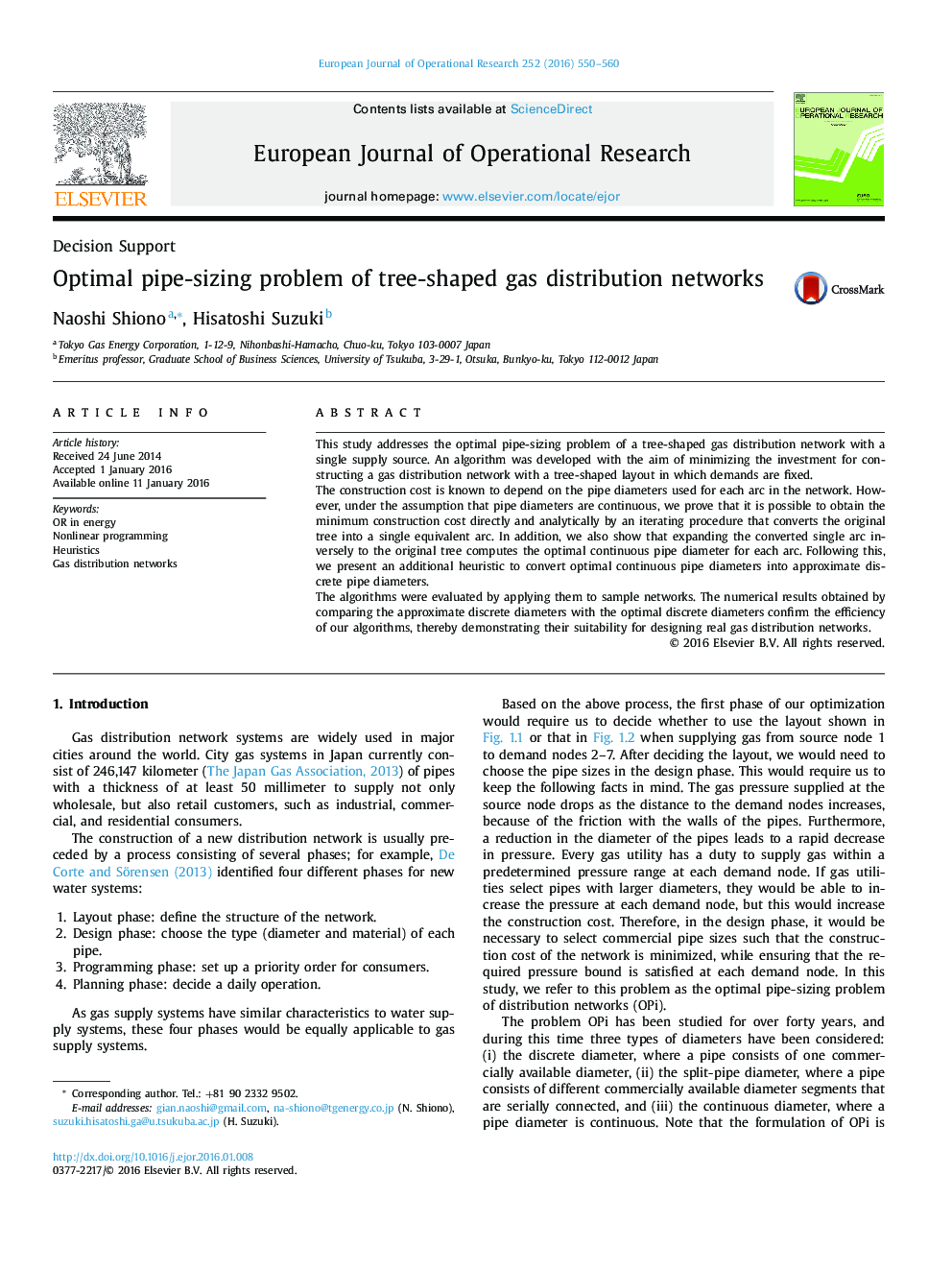 Optimal pipe-sizing problem of tree-shaped gas distribution networks