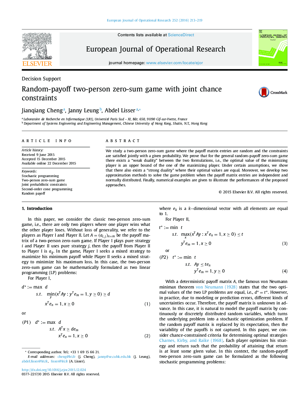 Random-payoff two-person zero-sum game with joint chance constraints