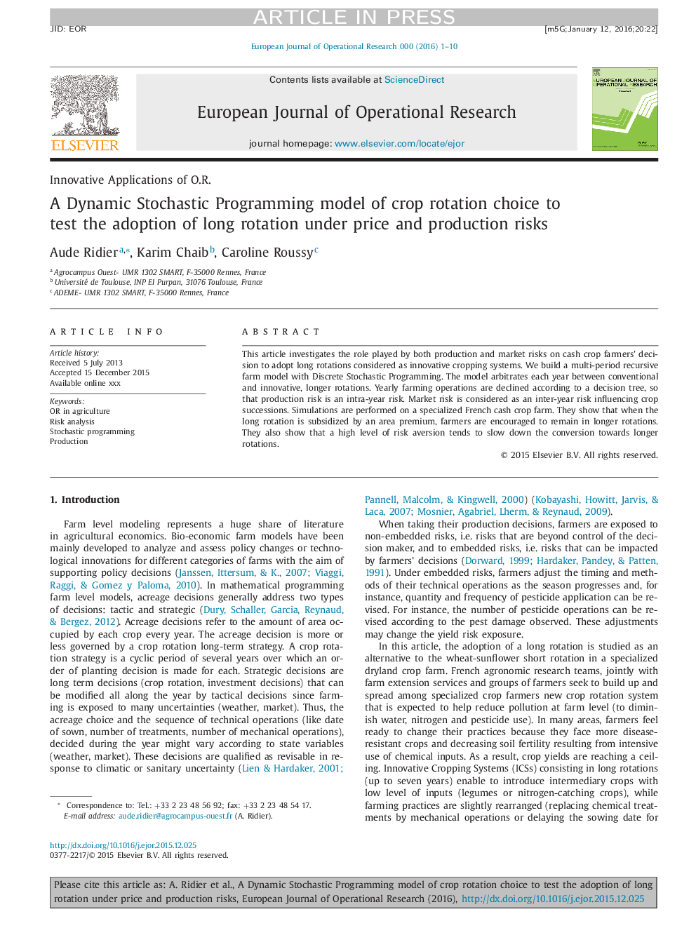 A Dynamic Stochastic Programming model of crop rotation choice to test the adoption of long rotation under price and production risks