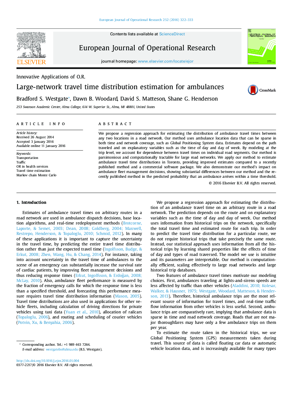 Large-network travel time distribution estimation for ambulances