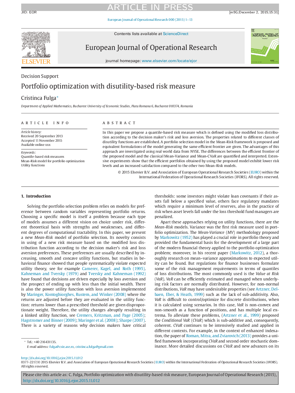 Portfolio optimization with disutility-based risk measure