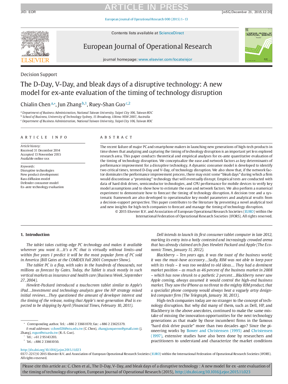 The D-Day, V-Day, and bleak days of a disruptive technology: A new model for ex-ante evaluation of the timing of technology disruption