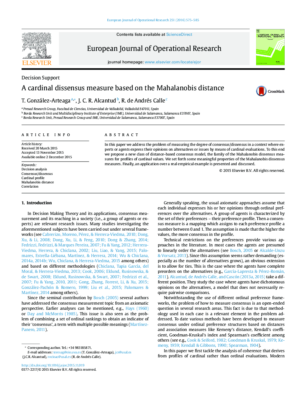 A cardinal dissensus measure based on the Mahalanobis distance