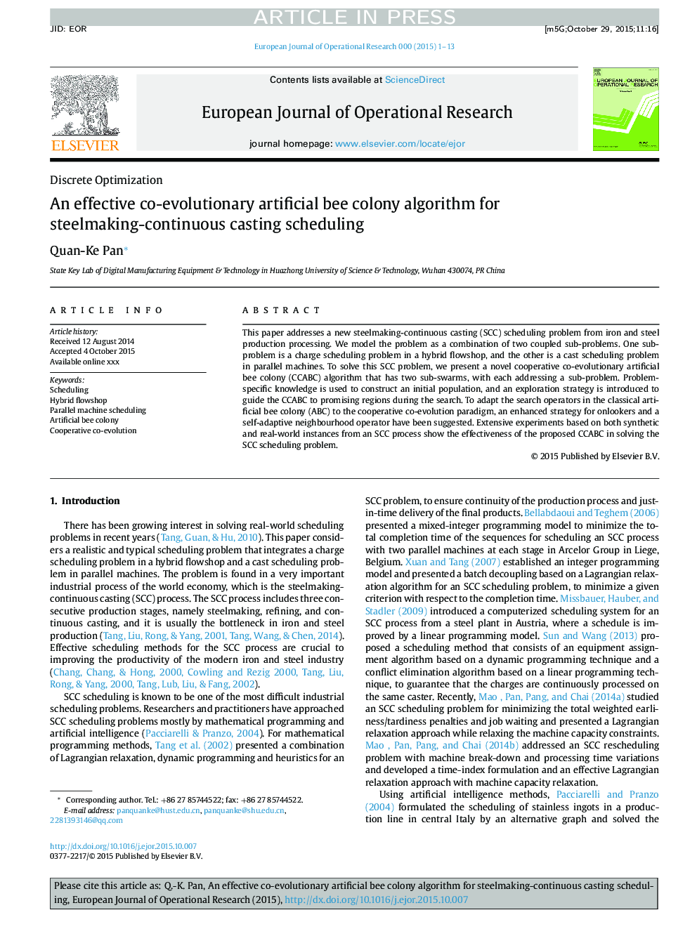 An effective co-evolutionary artificial bee colony algorithm for steelmaking-continuous casting scheduling