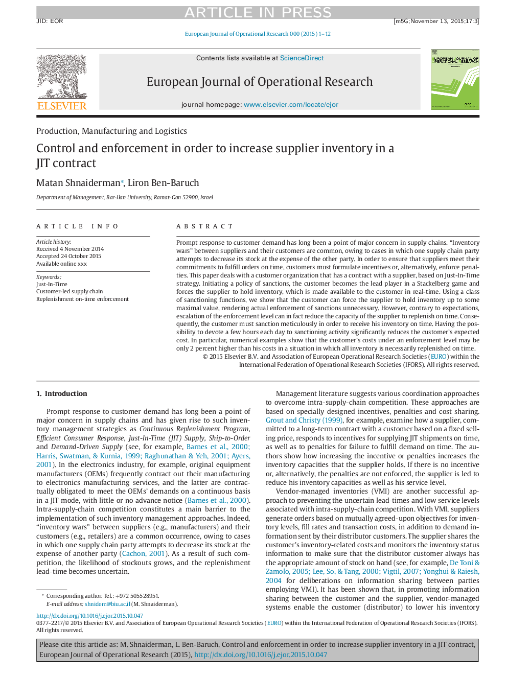 Control and enforcement in order to increase supplier inventory in a JIT contract