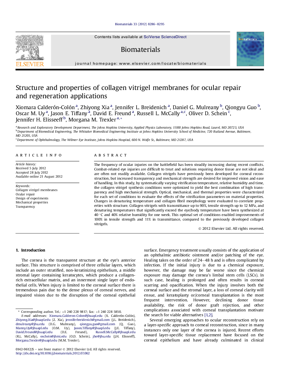 Structure and properties of collagen vitrigel membranes for ocular repair and regeneration applications