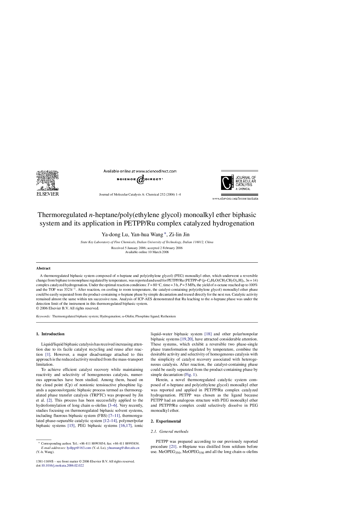 Thermoregulated n-heptane/poly(ethylene glycol) monoalkyl ether biphasic system and its application in PETPP/Ru complex catalyzed hydrogenation