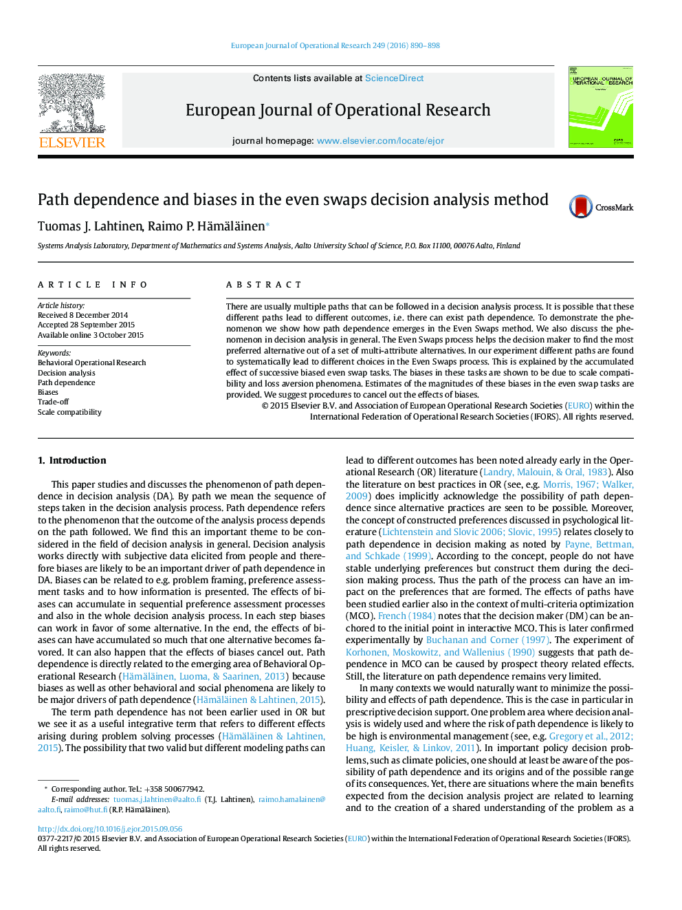 Path dependence and biases in the even swaps decision analysis method