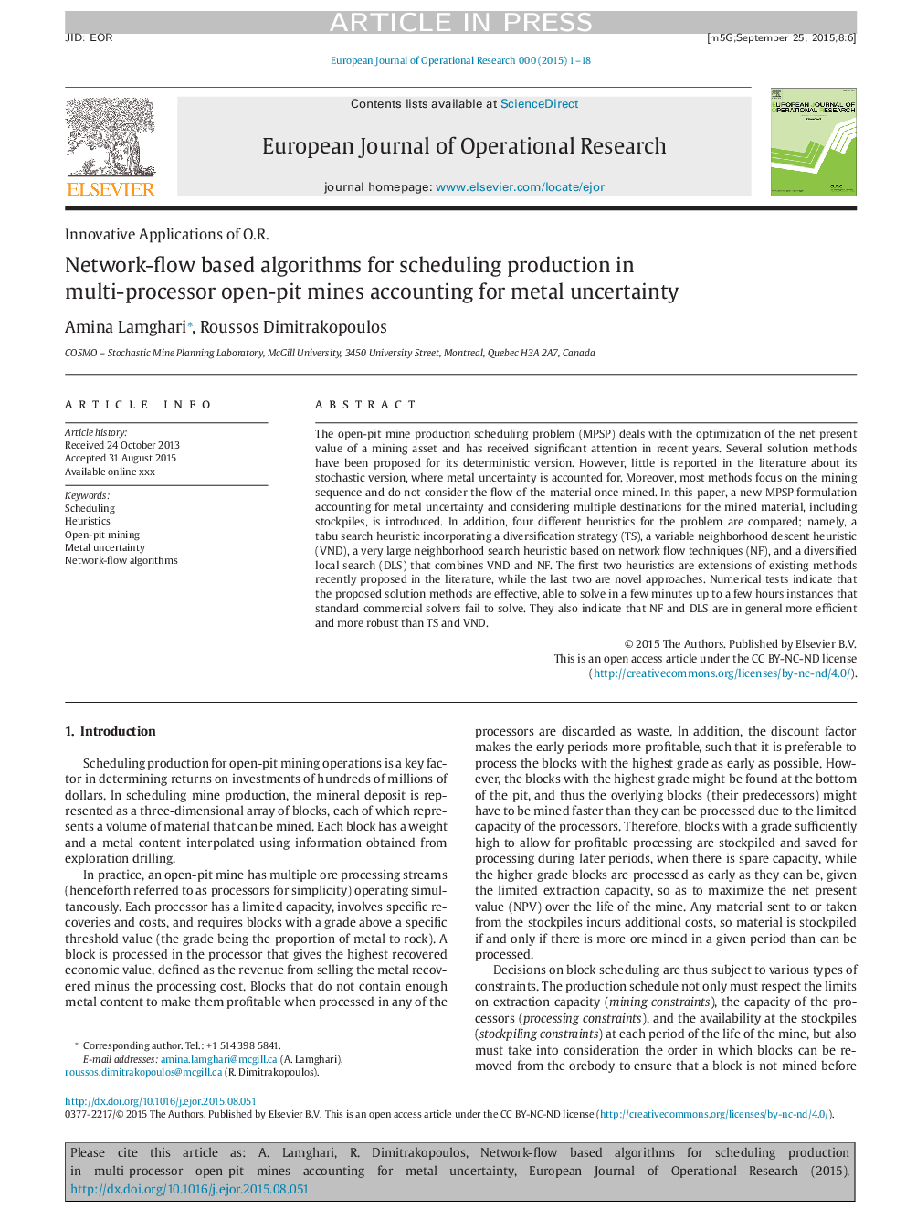 Network-flow based algorithms for scheduling production in multi-processor open-pit mines accounting for metal uncertainty