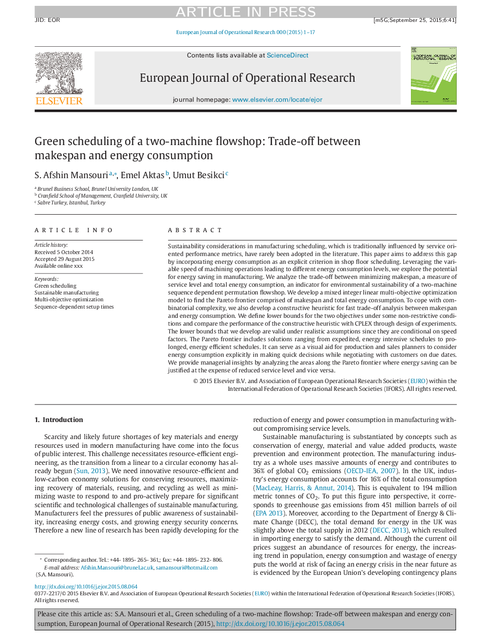 Green scheduling of a two-machine flowshop: Trade-off between makespan and energy consumption