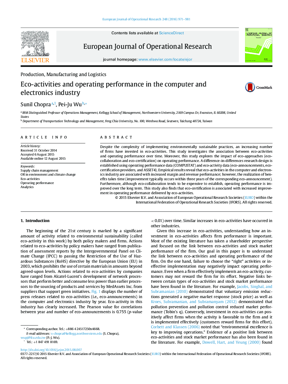 Eco-activities and operating performance in the computer and electronics industry
