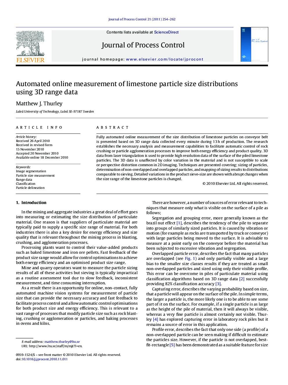 Automated online measurement of limestone particle size distributions using 3D range data