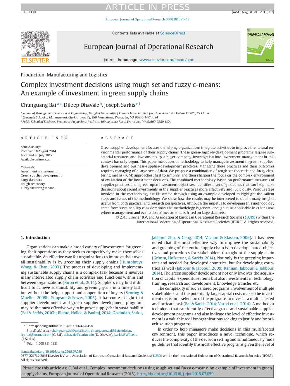 Complex investment decisions using rough set and fuzzy c-means: An example of investment in green supply chains