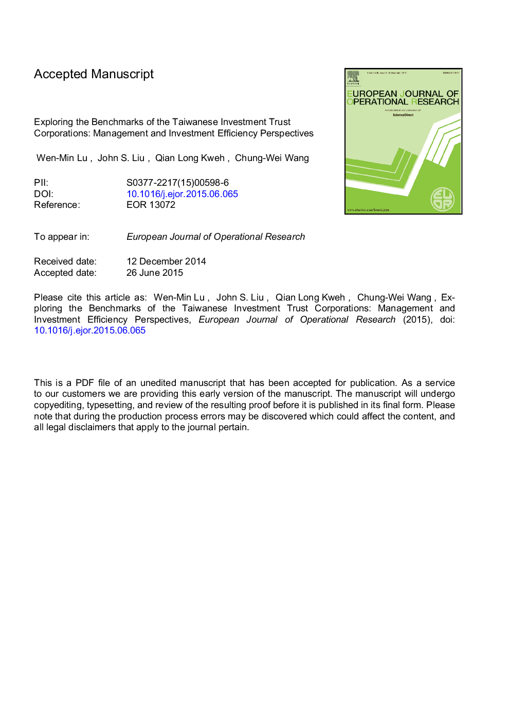 Exploring the benchmarks of the Taiwanese investment trust corporations: Management and investment efficiency perspectives