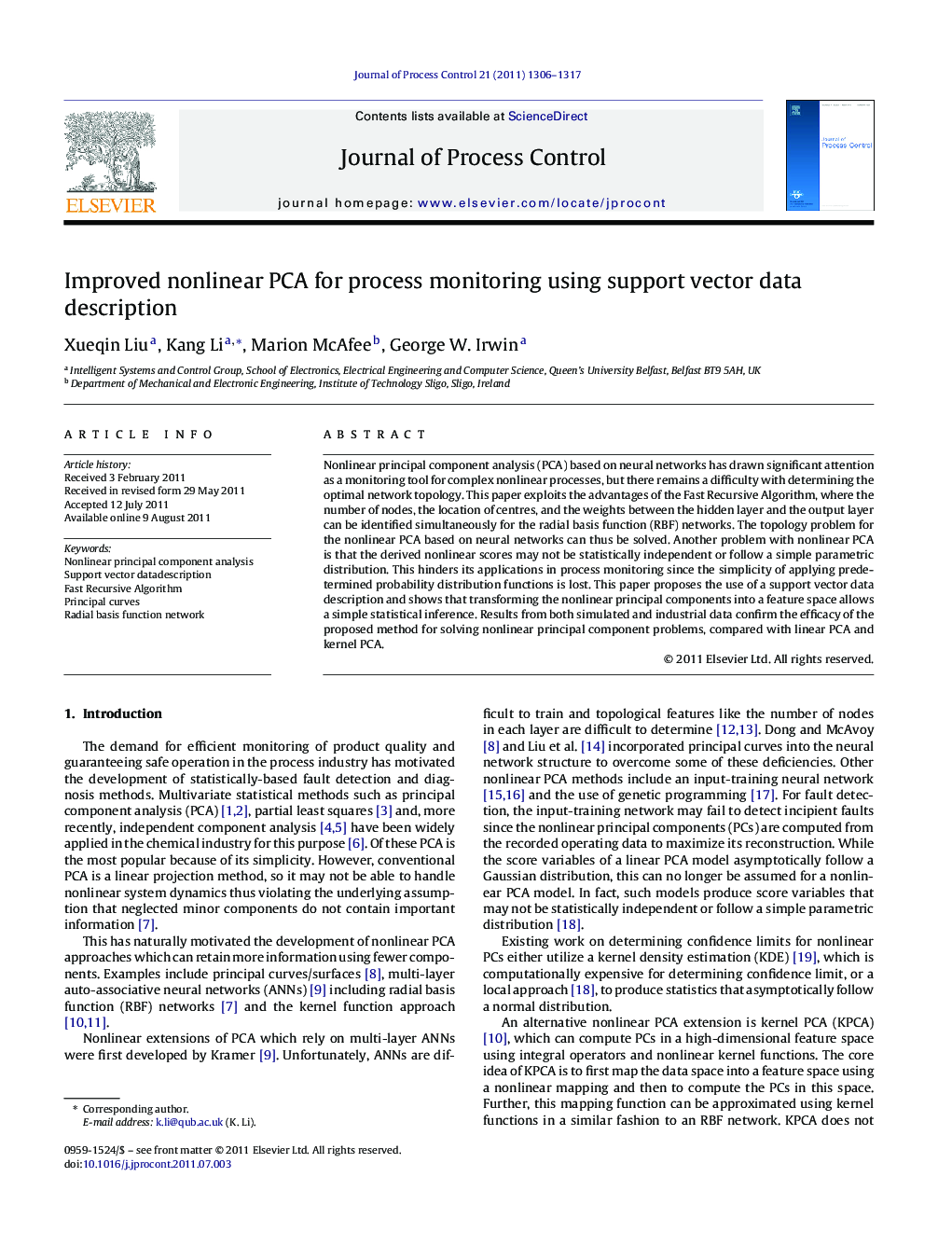 Improved nonlinear PCA for process monitoring using support vector data description