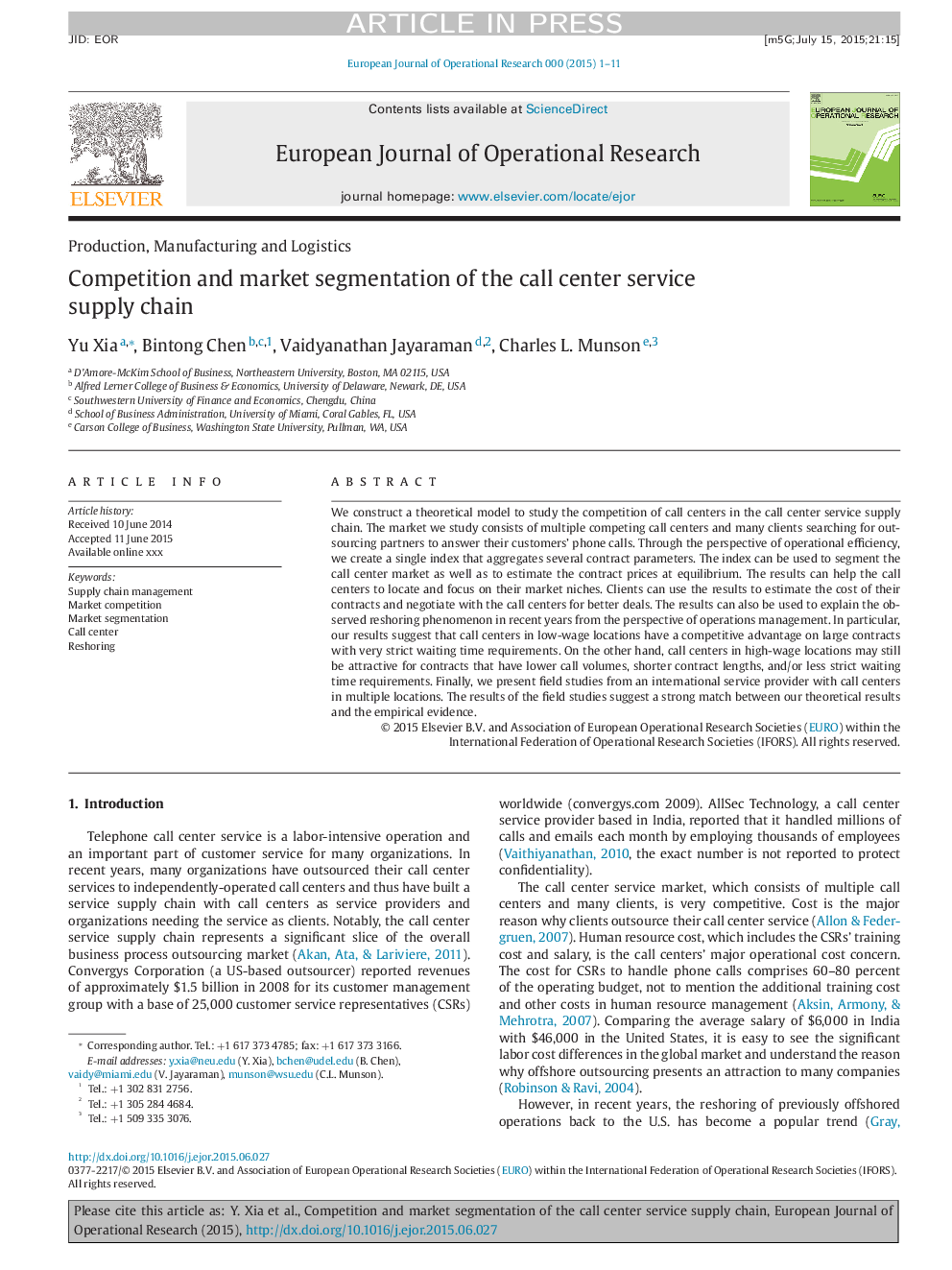 Competition and market segmentation of the call center service supply chain