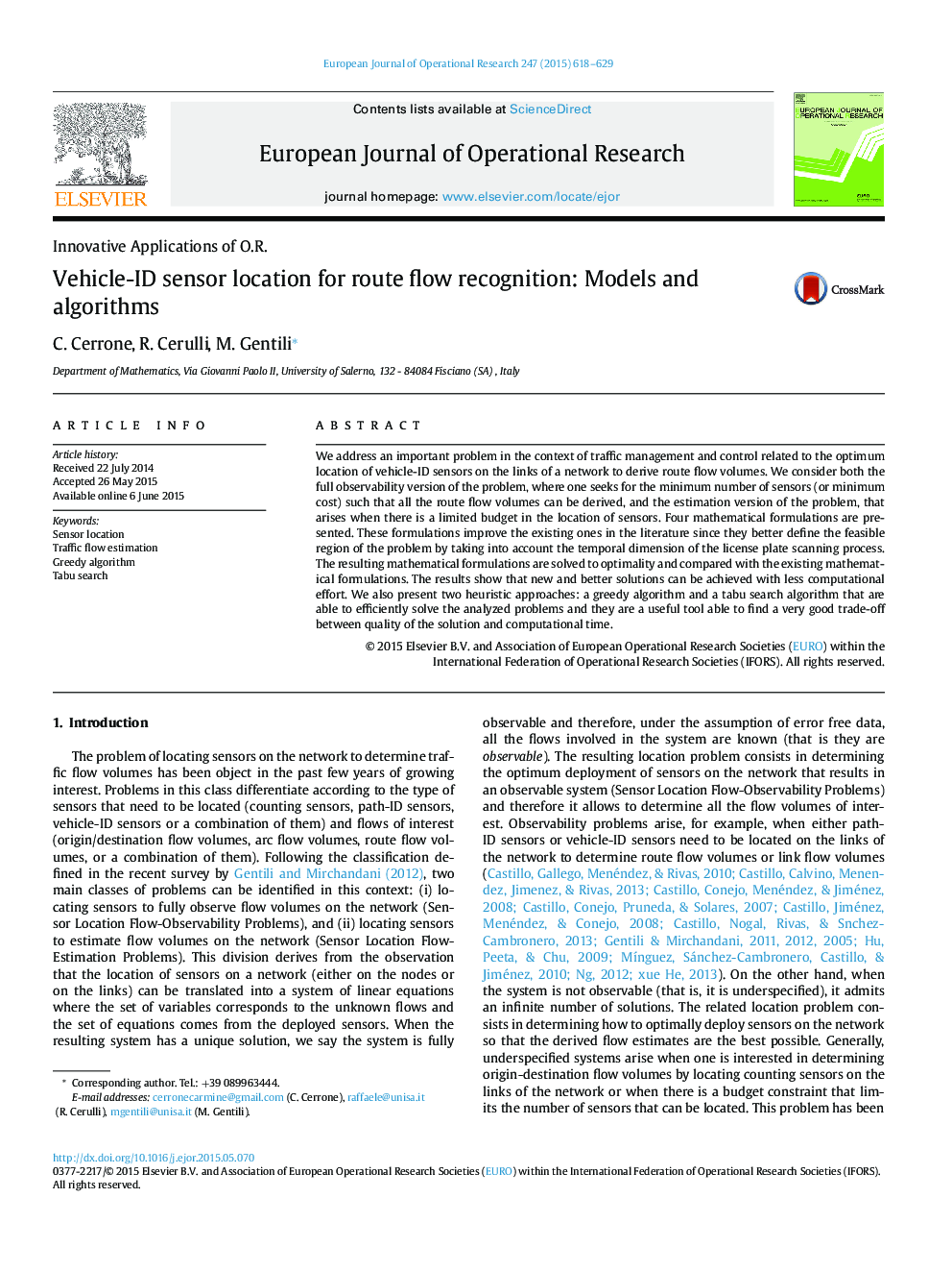 Vehicle-ID sensor location for route flow recognition: Models and algorithms