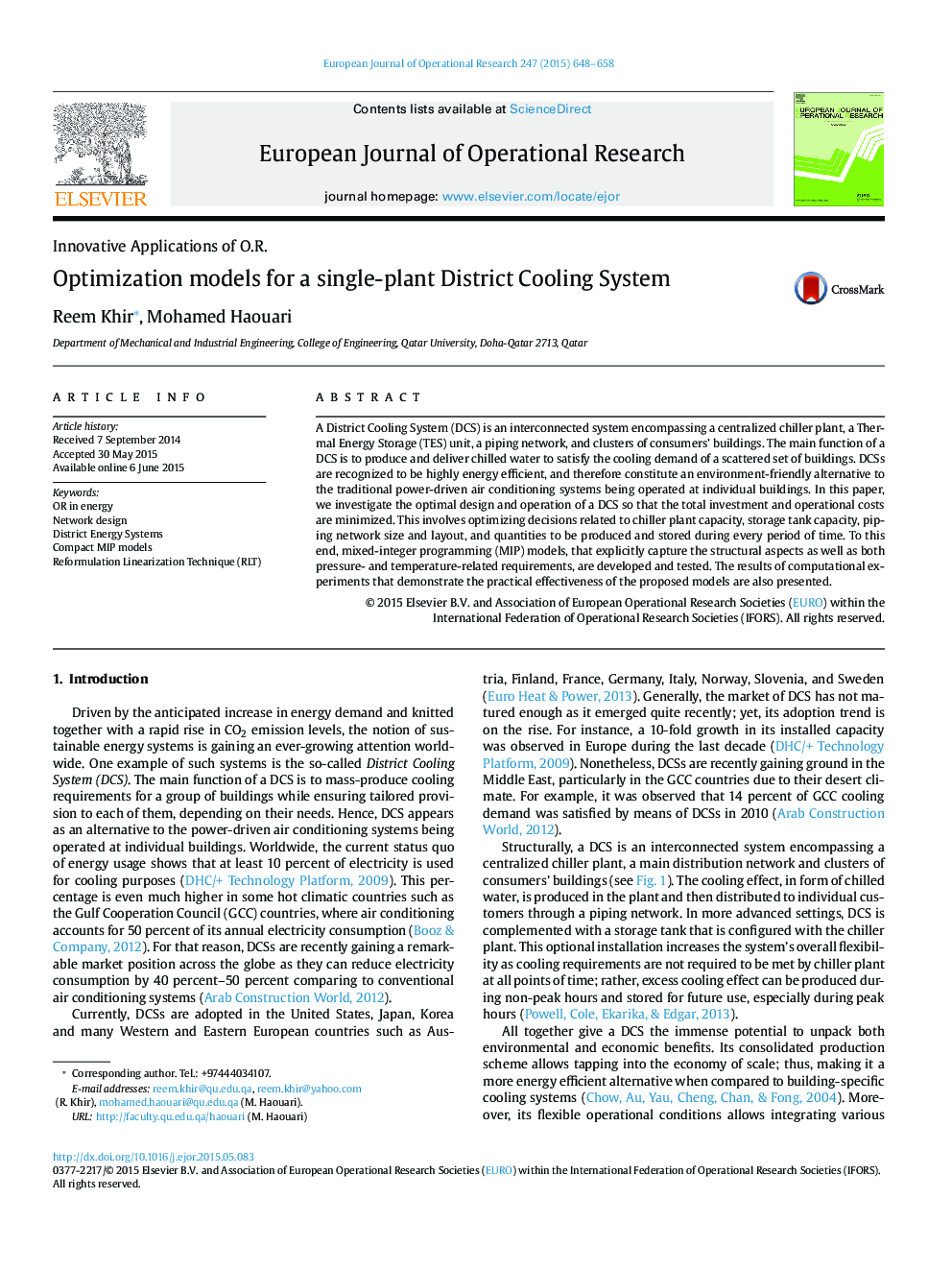 Optimization models for a single-plant District Cooling System