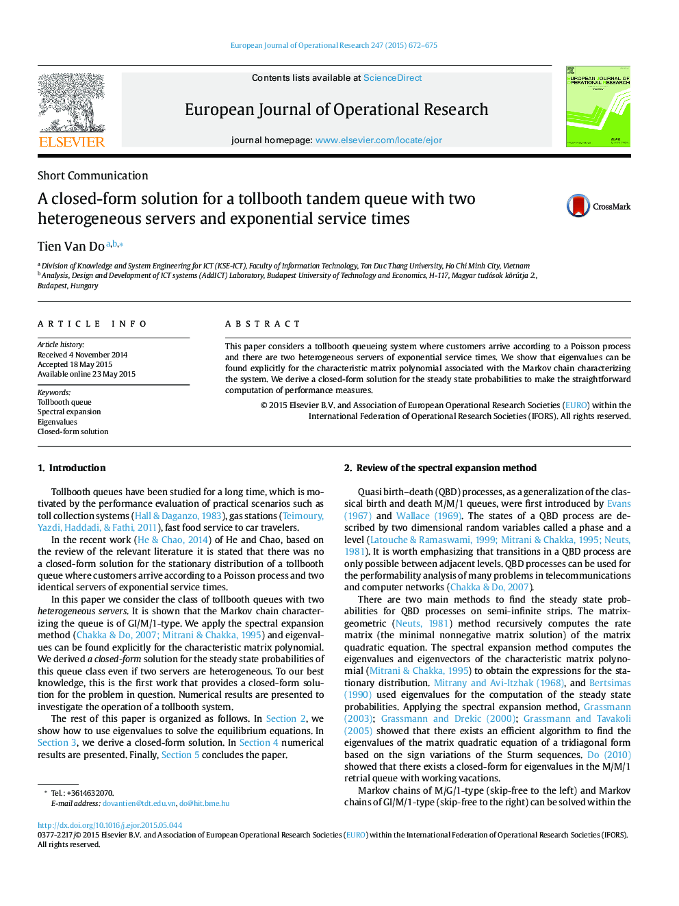 A closed-form solution for a tollbooth tandem queue with two heterogeneous servers and exponential service times