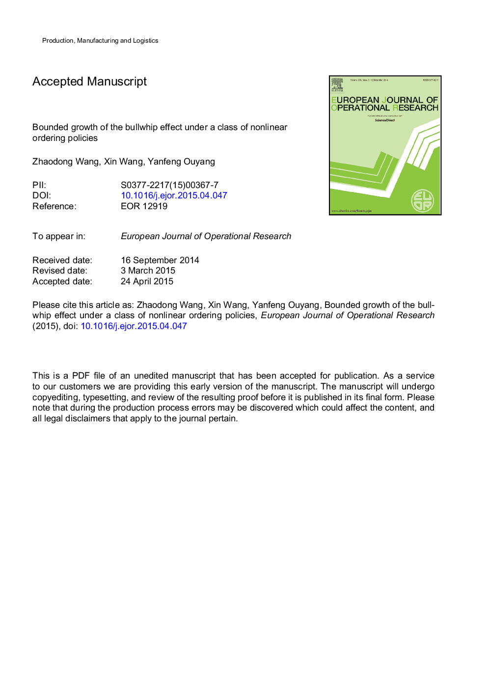 Bounded growth of the bullwhip effect under a class of nonlinear ordering policies