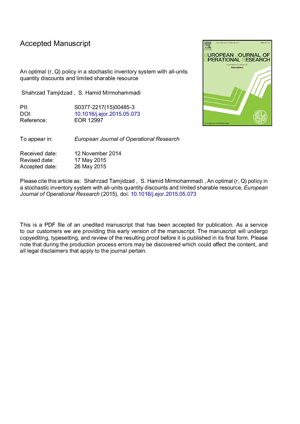 An optimal (r, Q) policy in a stochastic inventory system with all-units quantity discount and limited sharable resource