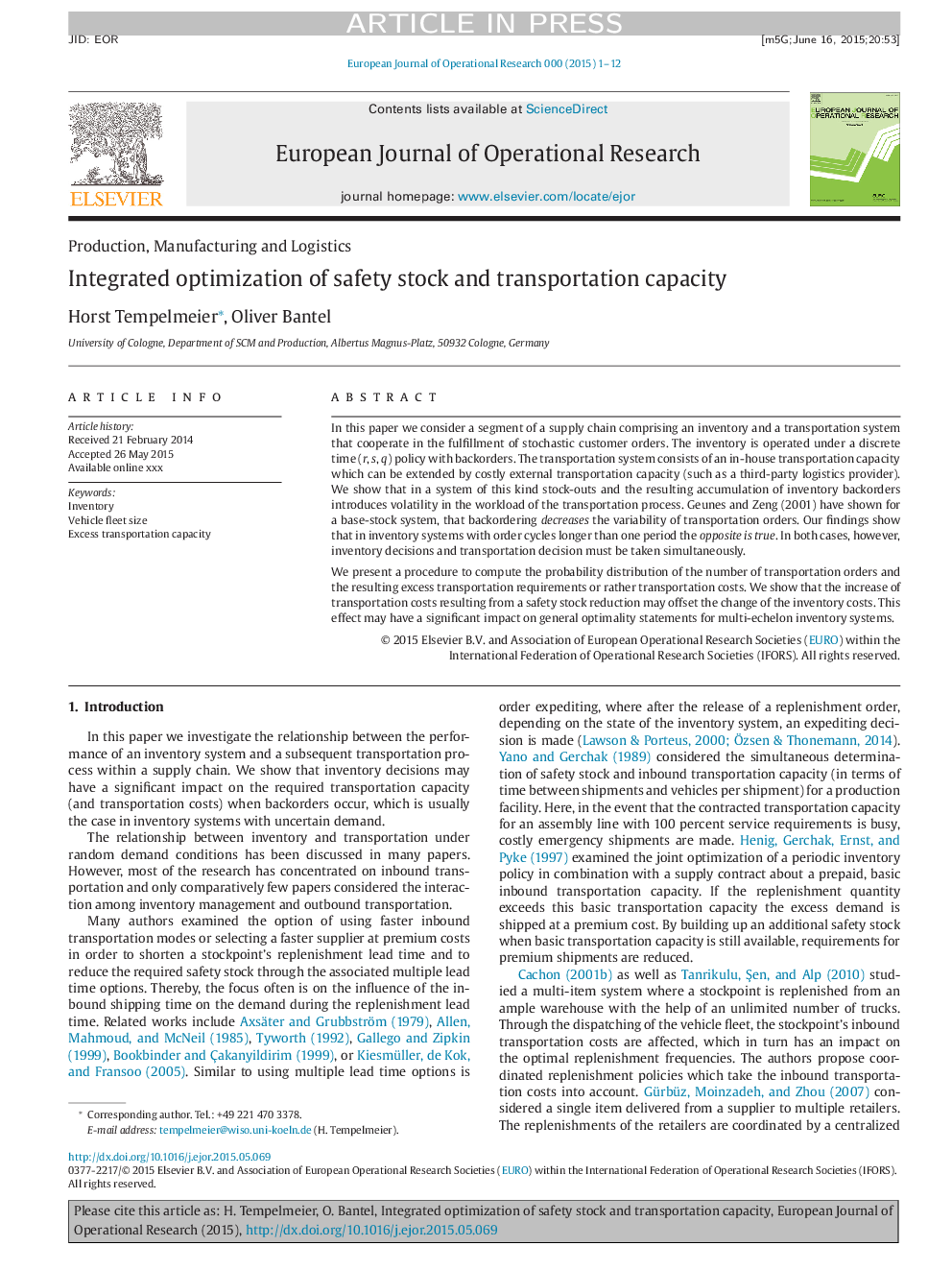 Integrated optimization of safety stock and transportation capacity