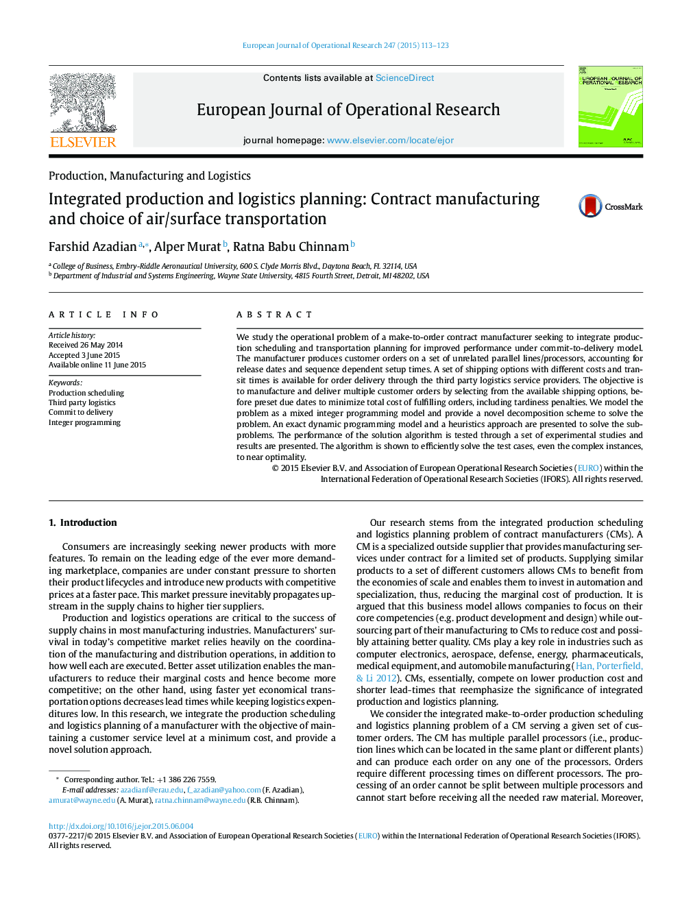 Integrated production and logistics planning: Contract manufacturing and choice of air/surface transportation