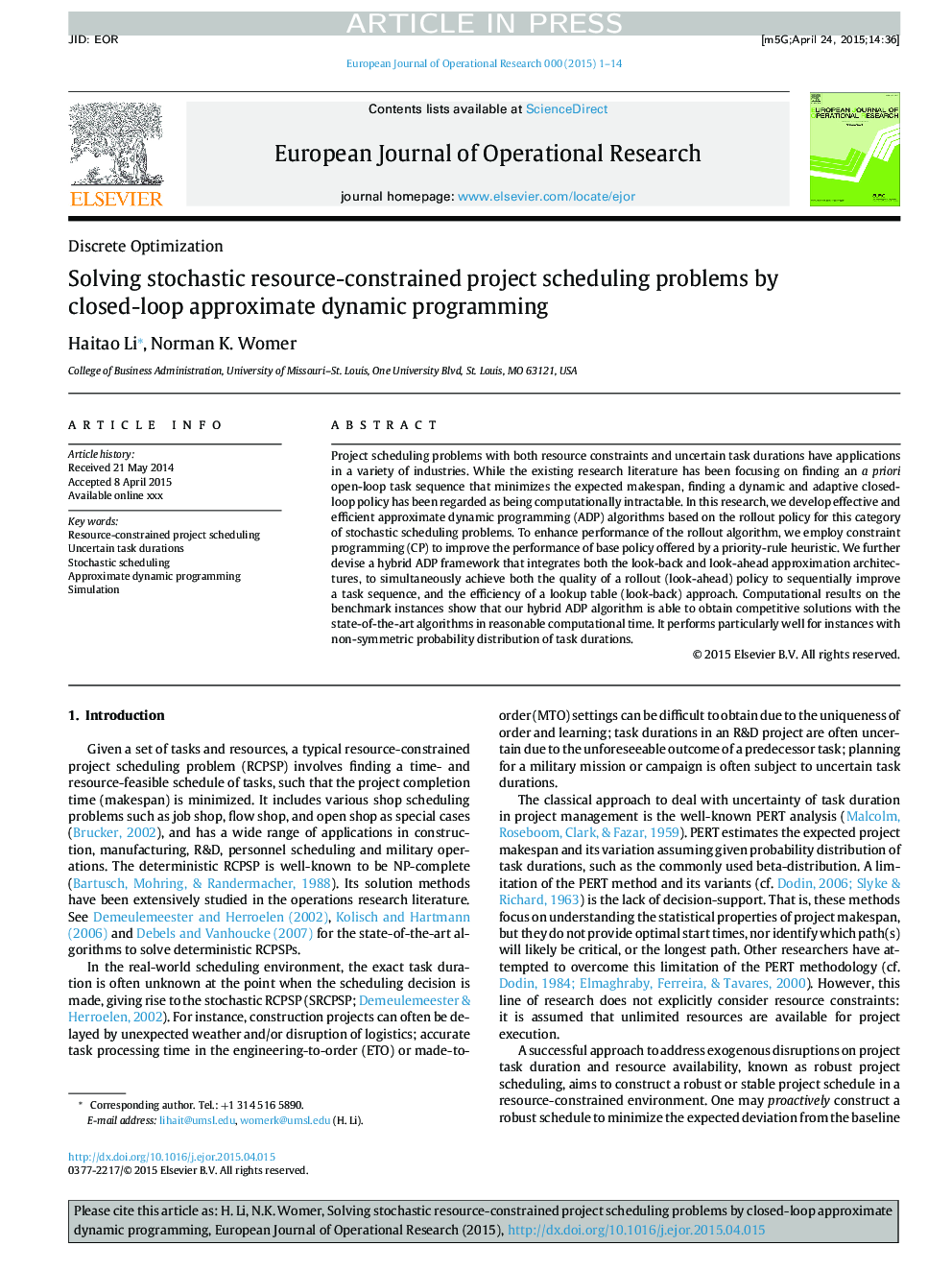 Solving stochastic resource-constrained project scheduling problems by closed-loop approximate dynamic programming