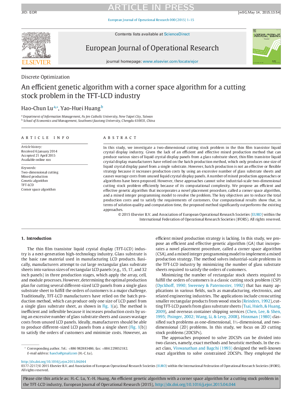 An efficient genetic algorithm with a corner space algorithm for a cutting stock problem in the TFT-LCD industry