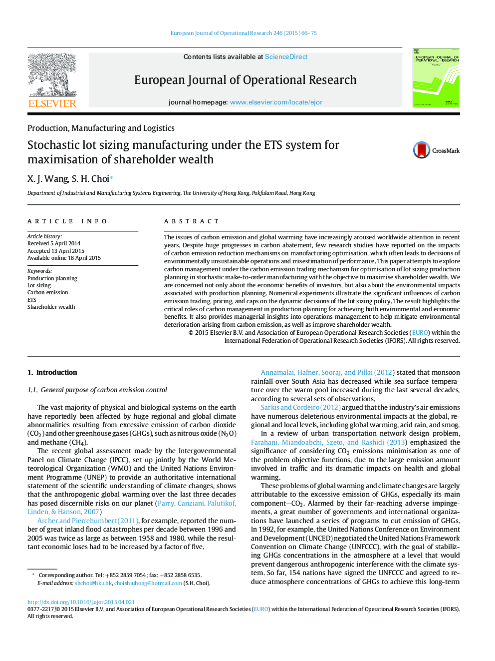 Stochastic lot sizing manufacturing under the ETS system for maximisation of shareholder wealth