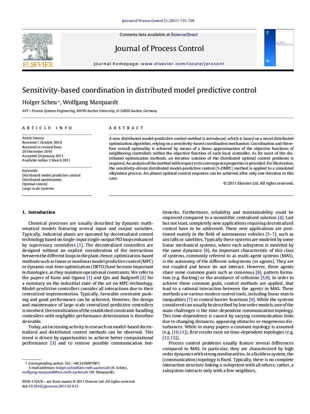 Sensitivity-based coordination in distributed model predictive control