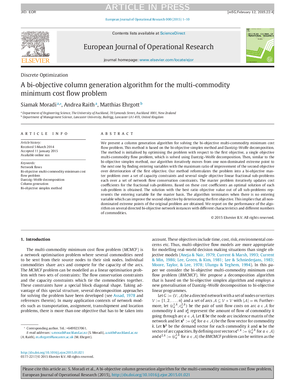 A bi-objective column generation algorithm for the multi-commodity minimum cost flow problem