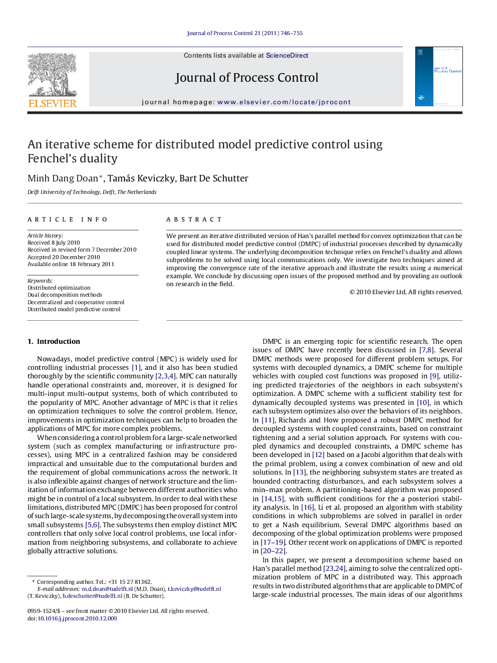 An iterative scheme for distributed model predictive control using Fenchel's duality