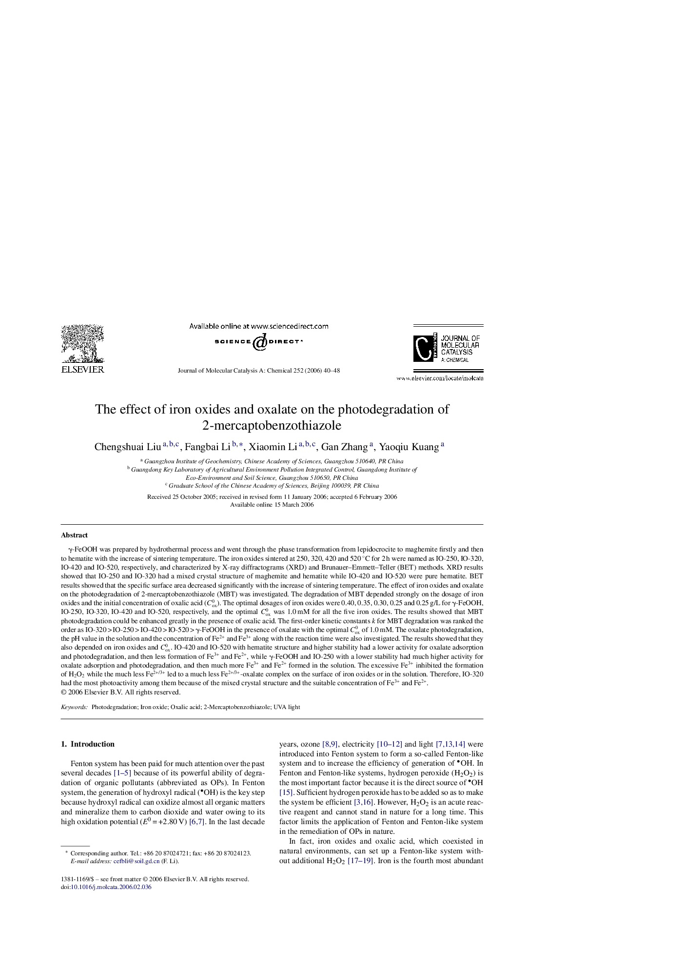 The effect of iron oxides and oxalate on the photodegradation of 2-mercaptobenzothiazole