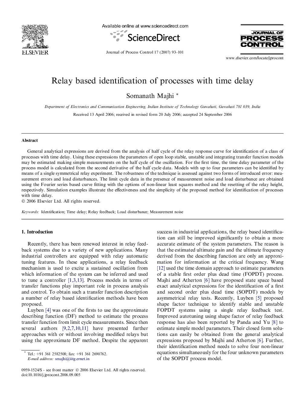 Relay based identification of processes with time delay