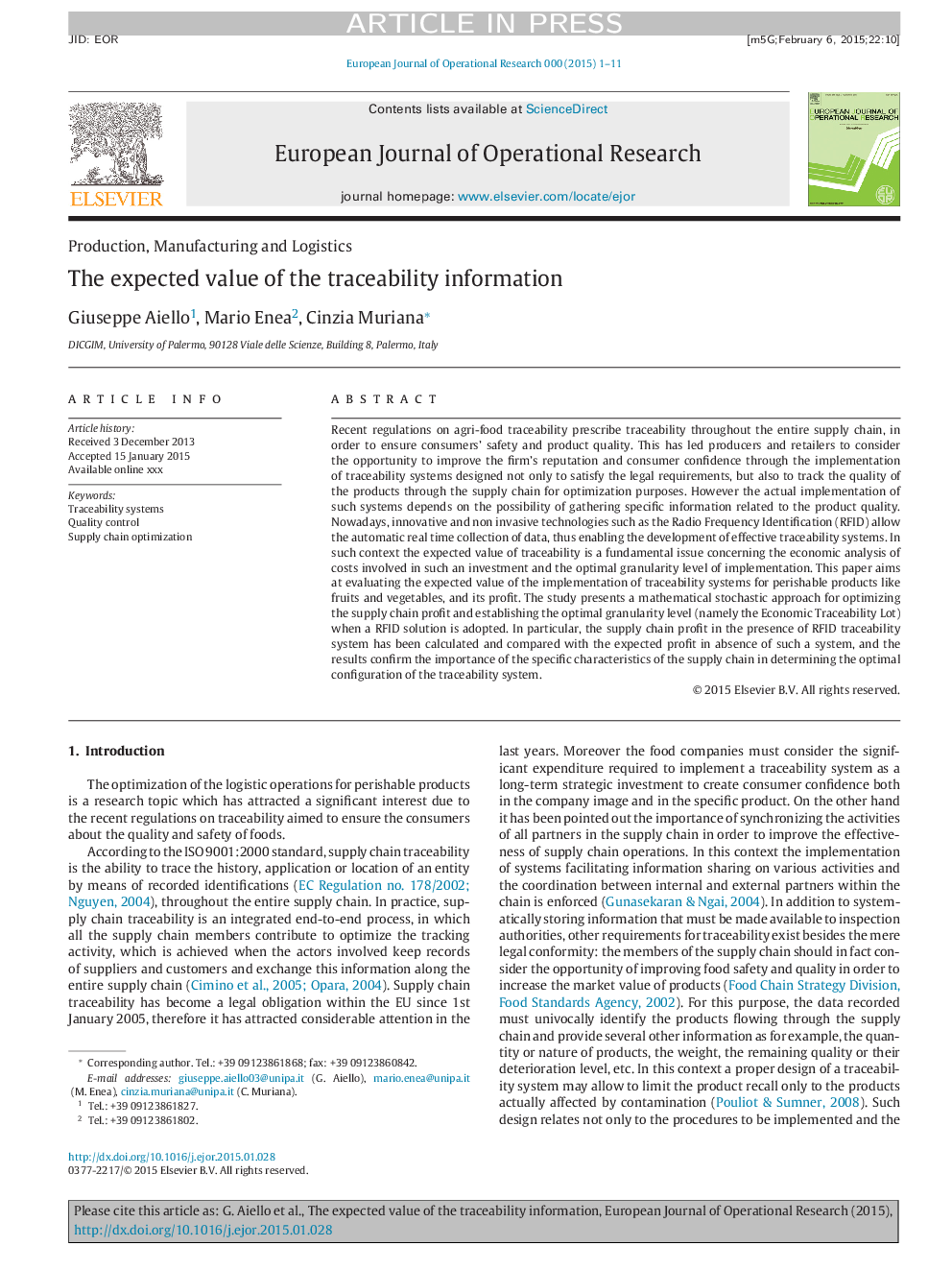 The expected value of the traceability information