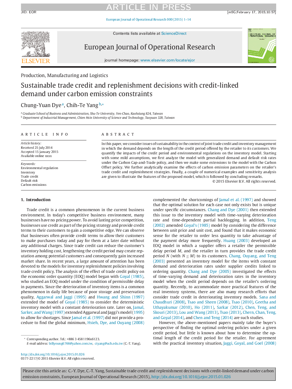 Sustainable trade credit and replenishment decisions with credit-linked demand under carbon emission constraints