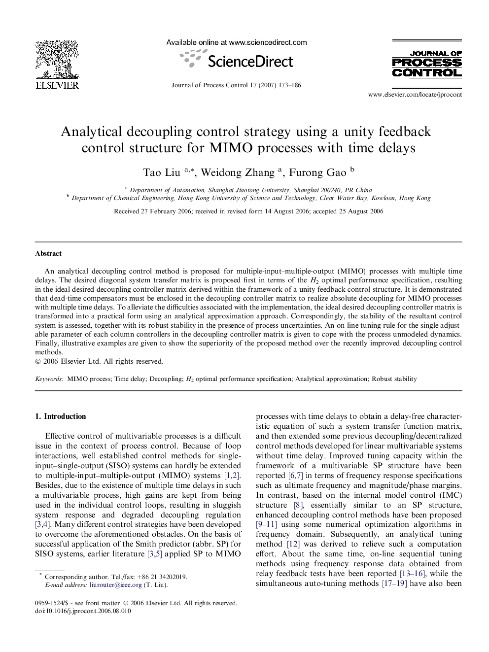 عکس صفحه اول مقاله: Analytical decoupling control strategy using a unity feedback control structure for MIMO processes with time delays Analytical decoupling control strategy using a unity feedback control structure for MIMO processes with time delays