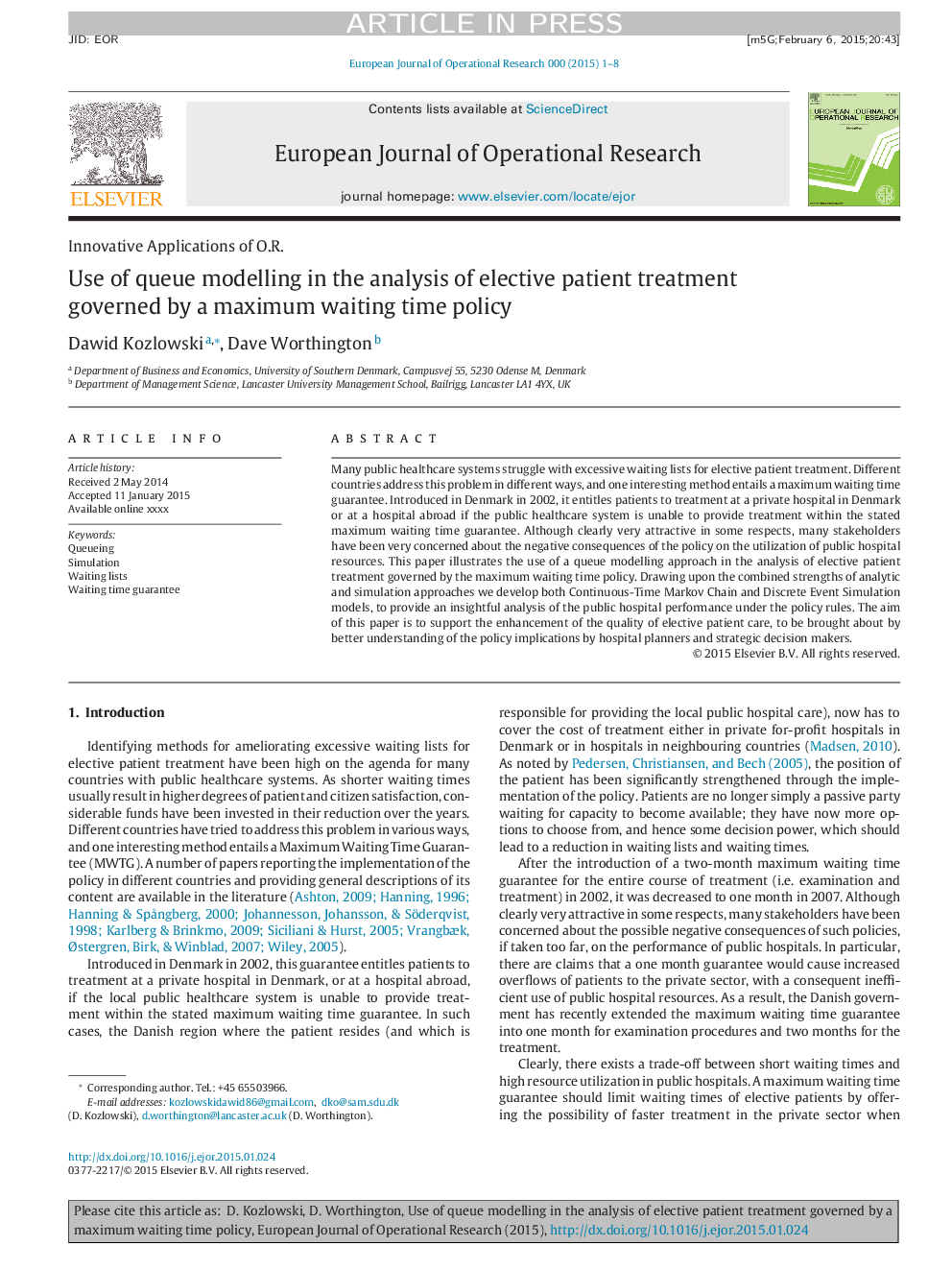 Use of queue modelling in the analysis of elective patient treatment governed by a maximum waiting time policy