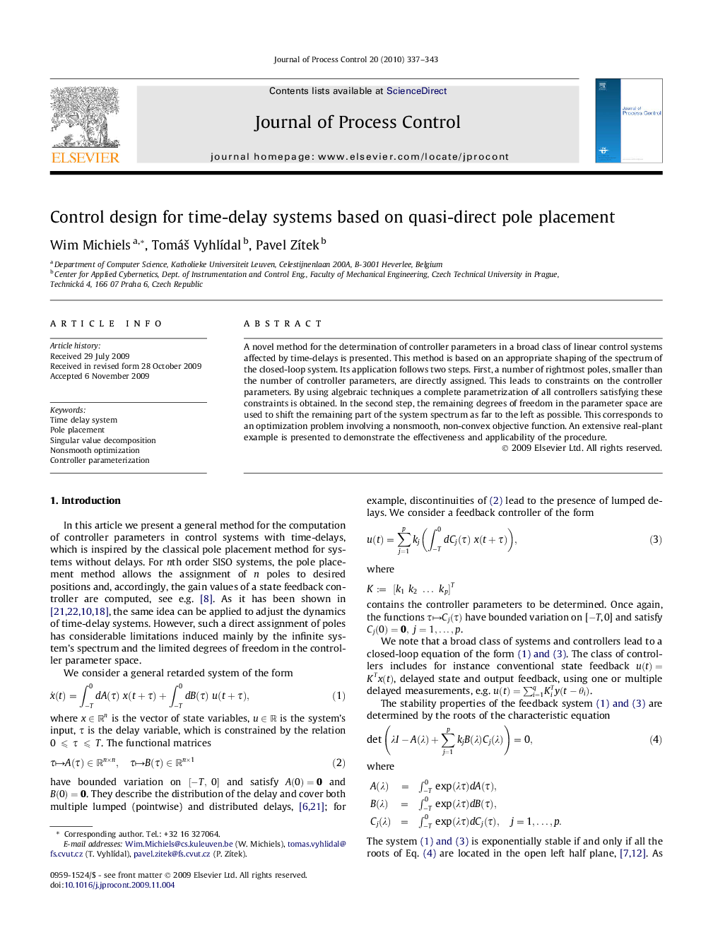 Control design for time-delay systems based on quasi-direct pole placement