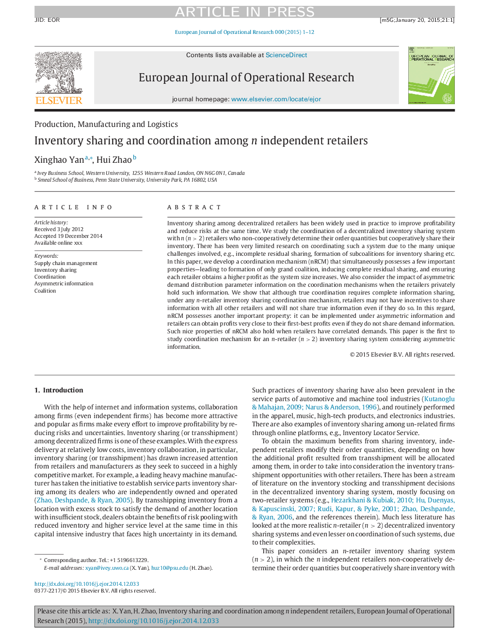 Inventory sharing and coordination among n independent retailers