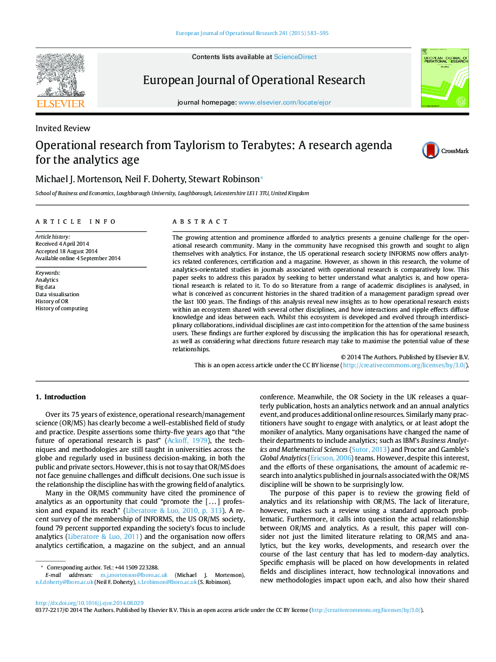 Operational research from Taylorism to Terabytes: A research agenda for the analytics age