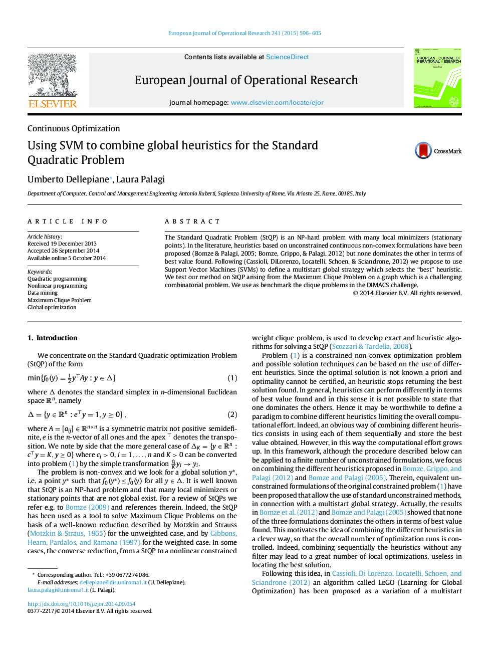 Using SVM to combine global heuristics for the Standard Quadratic Problem