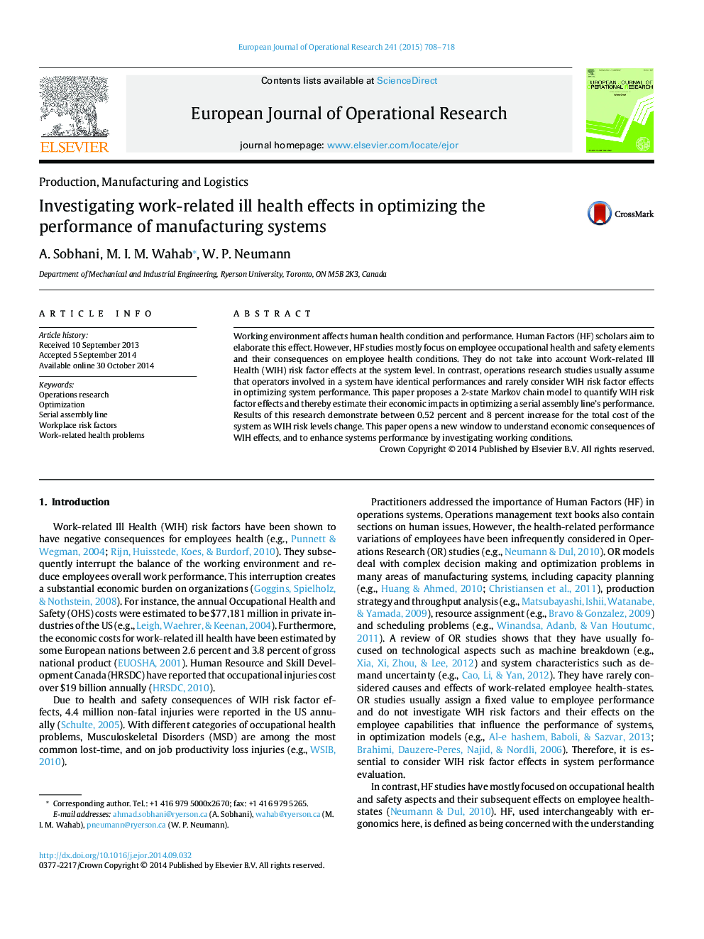 Investigating work-related ill health effects in optimizing the performance of manufacturing systems