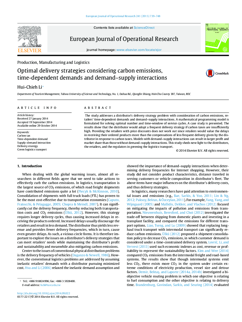 Optimal delivery strategies considering carbon emissions, time-dependent demands and demand-supply interactions