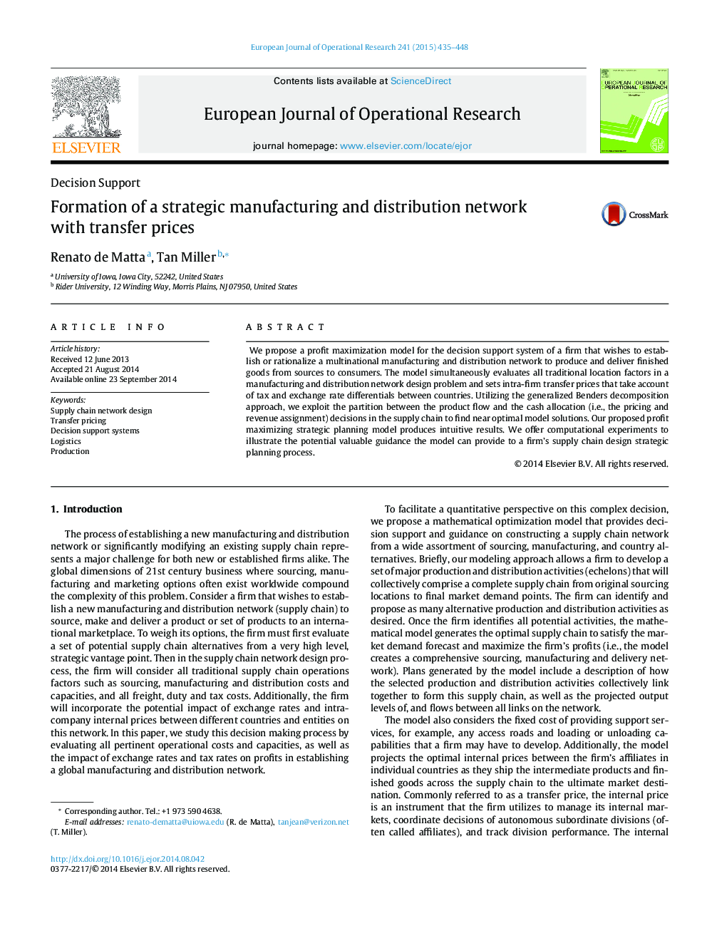 Formation of a strategic manufacturing and distribution network with transfer prices
