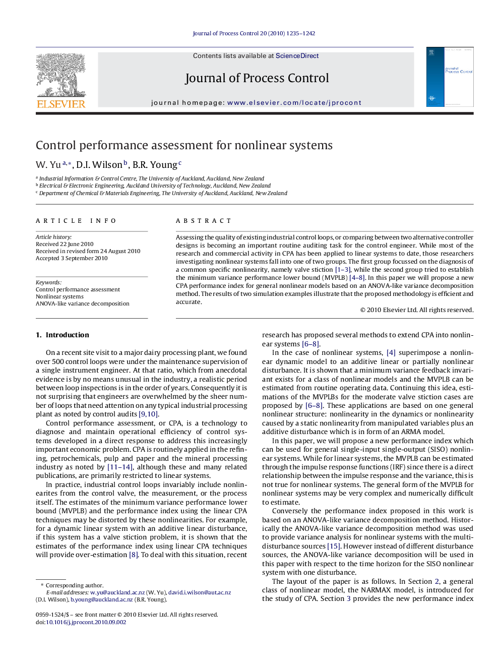 Control performance assessment for nonlinear systems