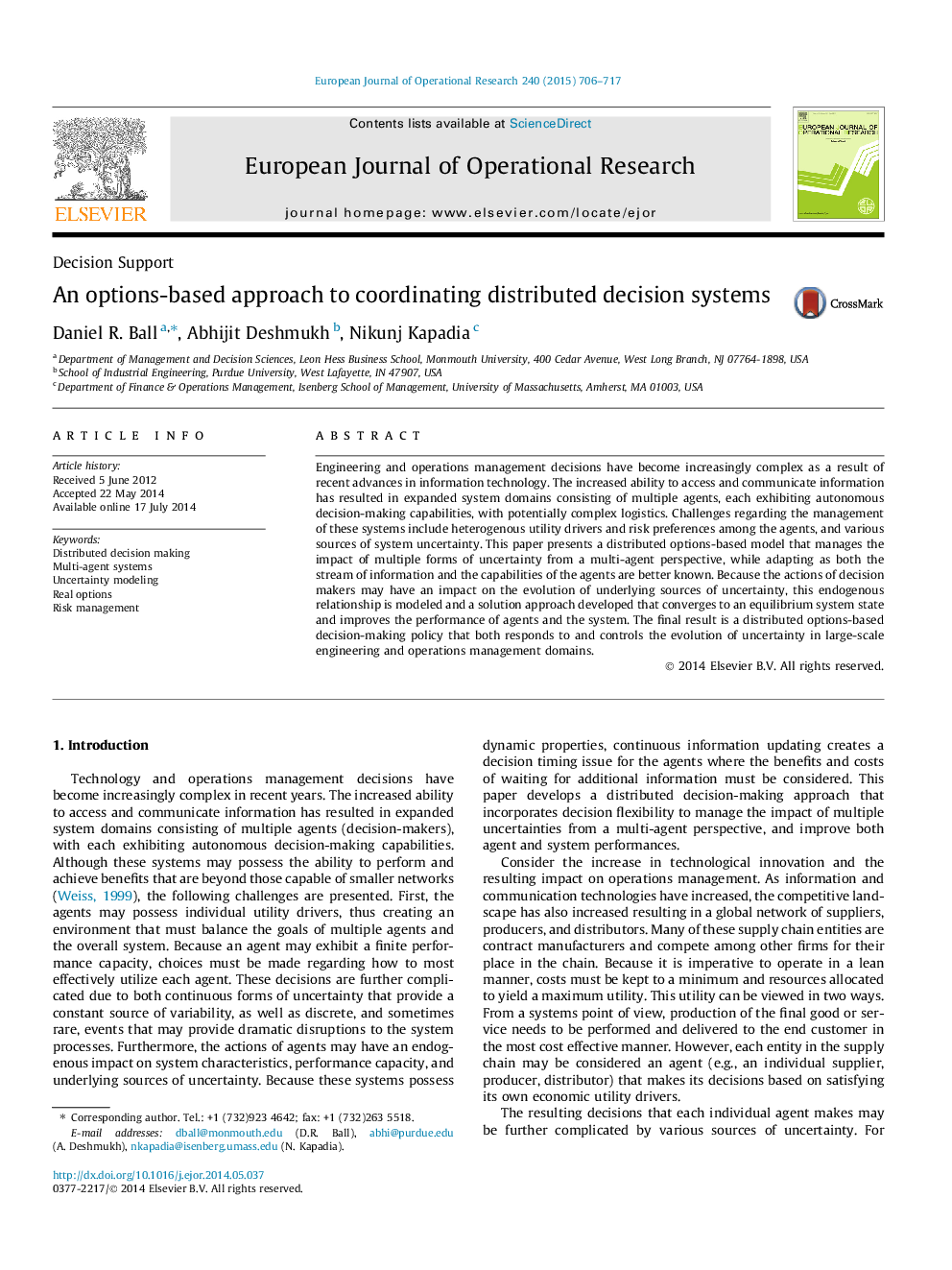 An options-based approach to coordinating distributed decision systems