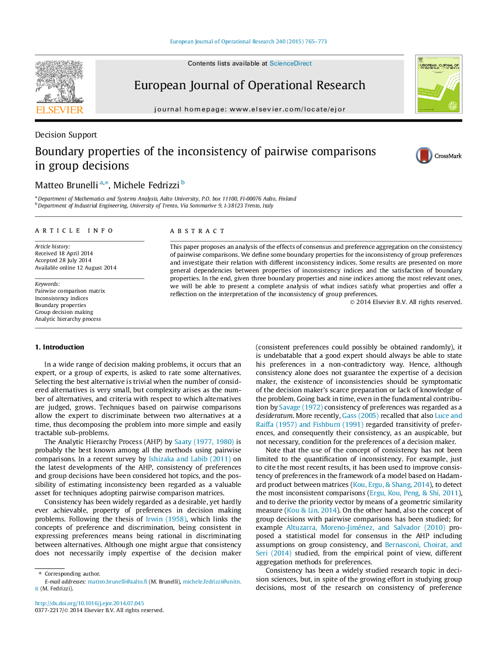 Boundary properties of the inconsistency of pairwise comparisons in group decisions